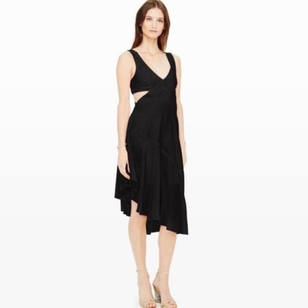 Club Monaco Black Linen Cutout Midi Dress Size 4 Open Waist Sleeveless Resort
